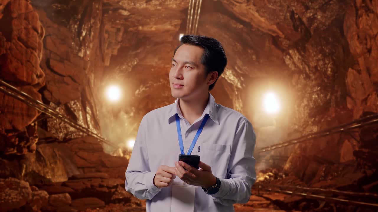 Asian Male Professional Worker Standing With His Smartphone In Underground Mine Tunnel, He Observes By Looking Around Before He Come To Concentrating With His Smartphone