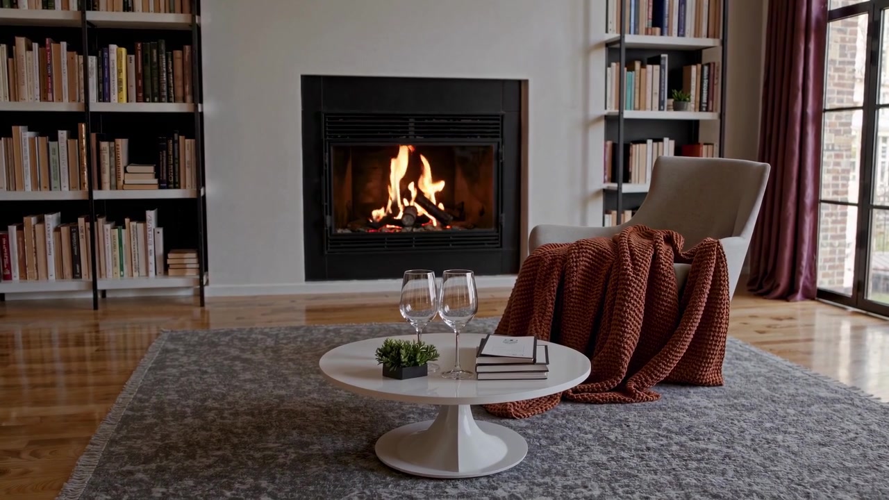 Cozy Living Room Interior with Fireplace and Wine Glasses