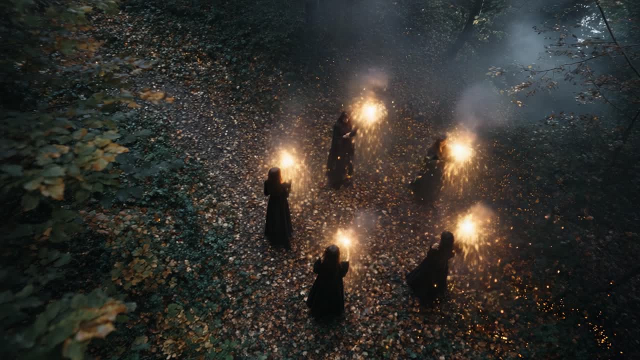 En mystisk samling i den fortryllede skogen: Skikkelser kledd i svart holder flimrende fakler midt i en magisk atmosfære fylt med glitrende lys og tåke