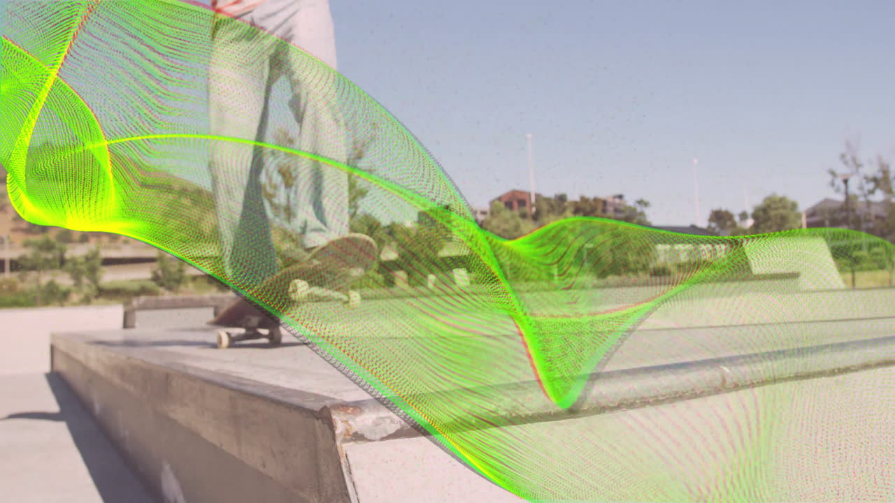 Skateboarder performing trick on concrete ledge, showing green mesh overlay for sports technology