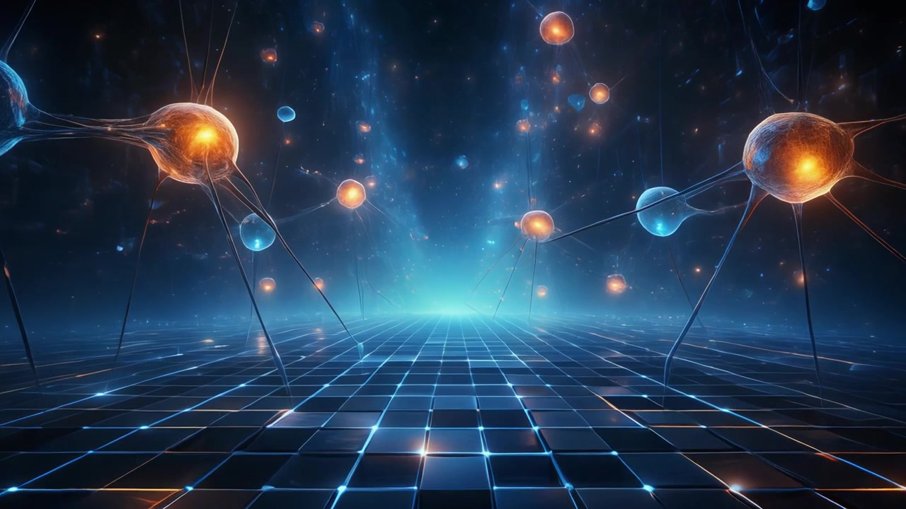 Rete neurale digitale astratta con sfere luminose e pavimento a griglia