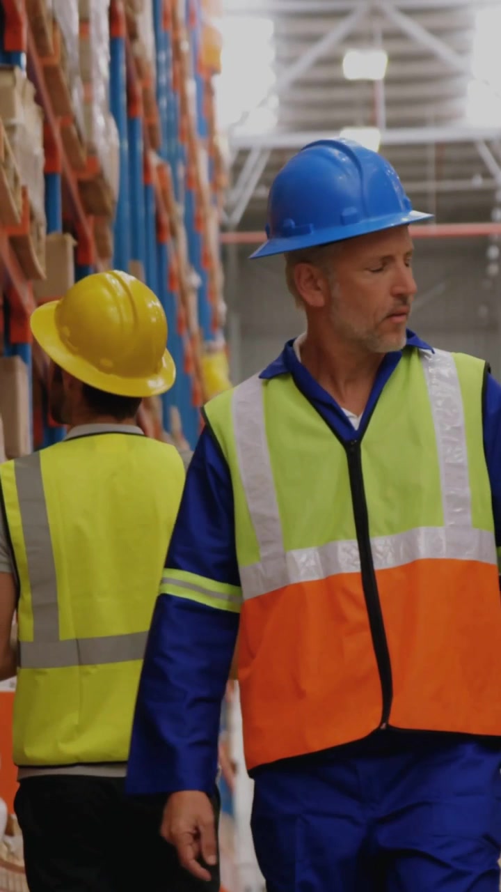 Vertical video: Warehouse lead walking as picker scanning picks, AR icons emerging settling by crew