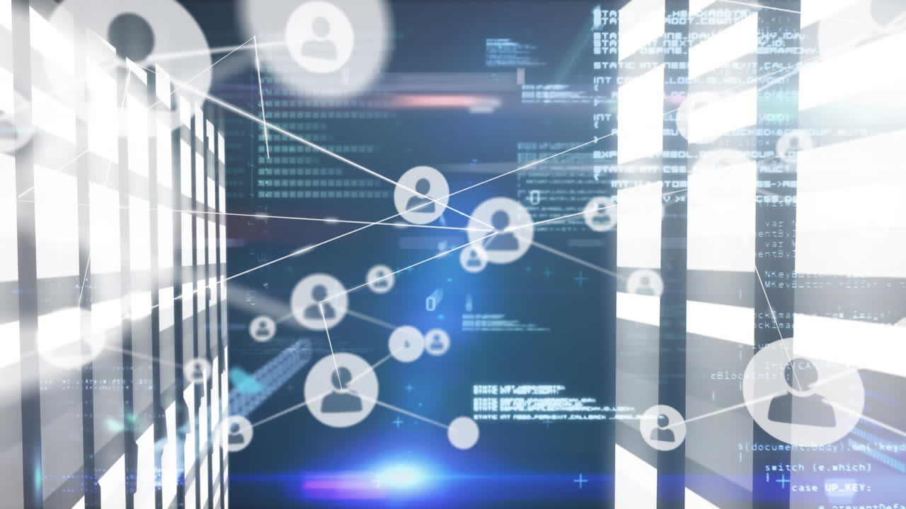 Animation of network of connections with icons and data processing over moving columns