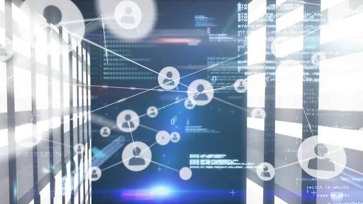 Animation of network of connections with icons and data processing over moving columns