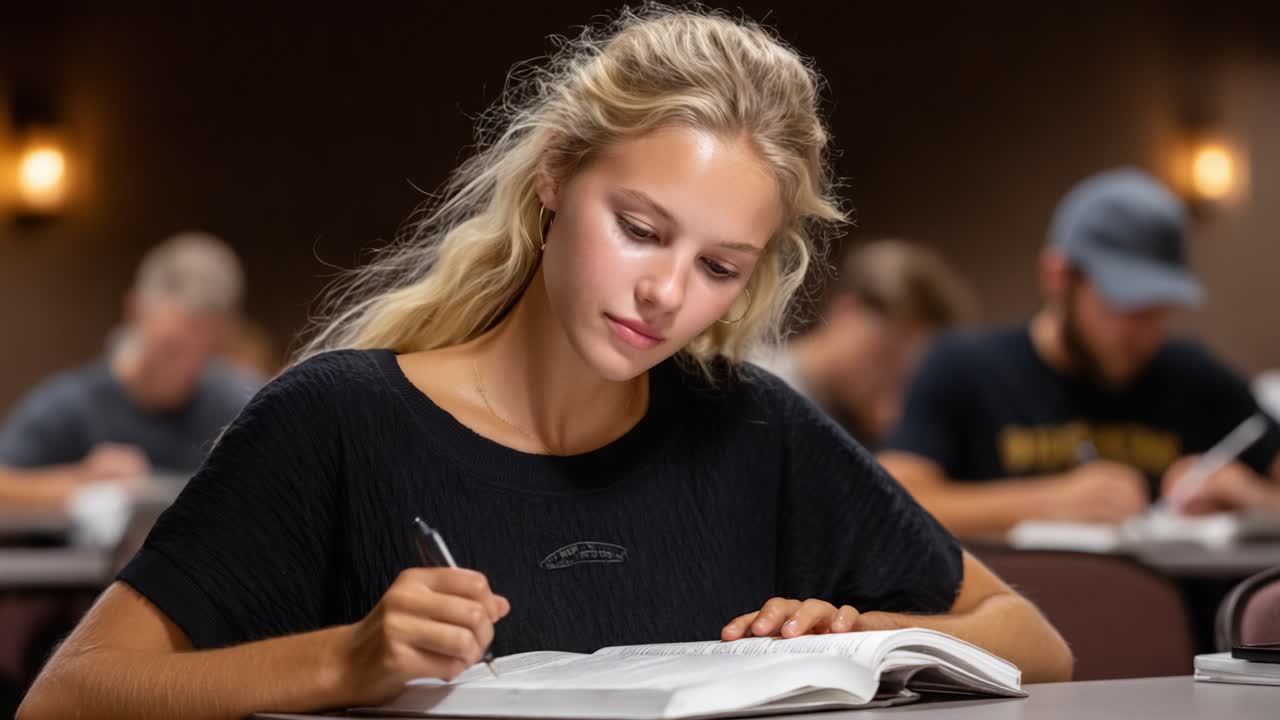 Focused Student Engaged in Study Session, Taking Notes from the Open Book in a Classroom Environment Surrounded by Other Learners Taking Notes