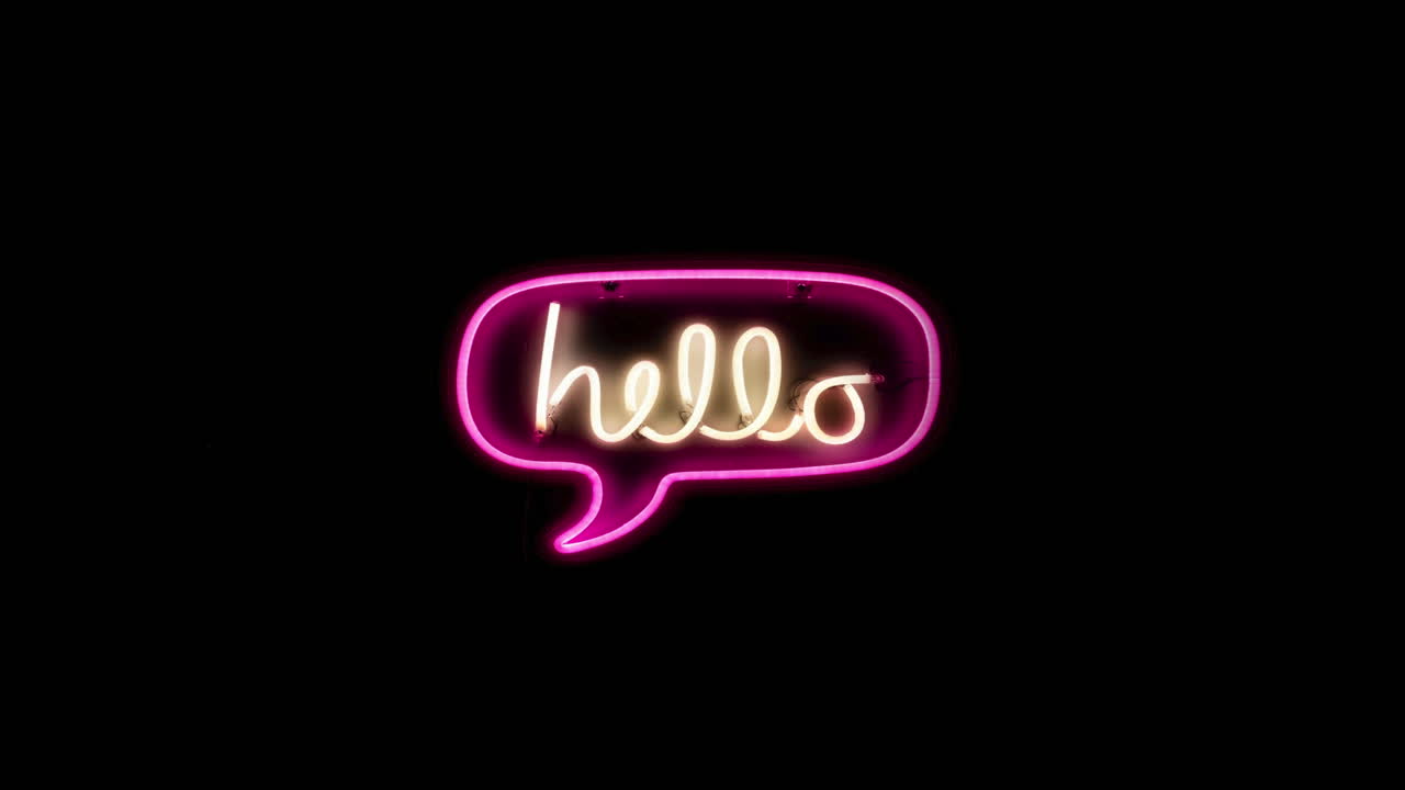 Hello speech bubble text, neon glow flickering loop background, 3D banner illustration, sign, graphic concept, light template, lettering