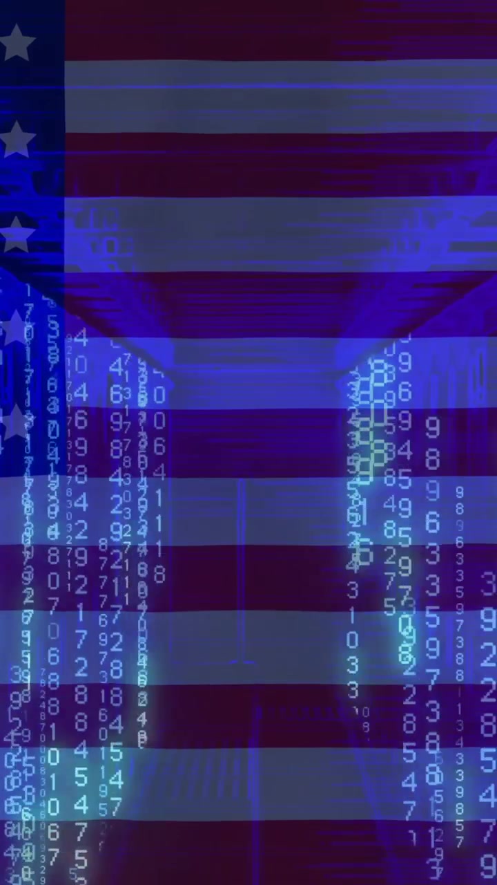 Binary code and data streams animation over American flag background