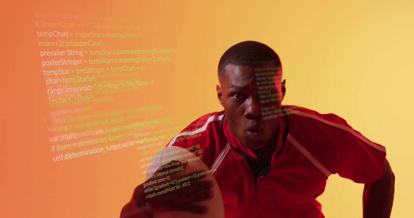 Rugby athlete pumping arms and simulating sprint upon floating code overlay for sports analytics