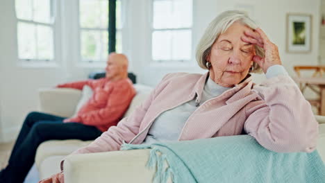 senior couple, conflict and sofa in sofa