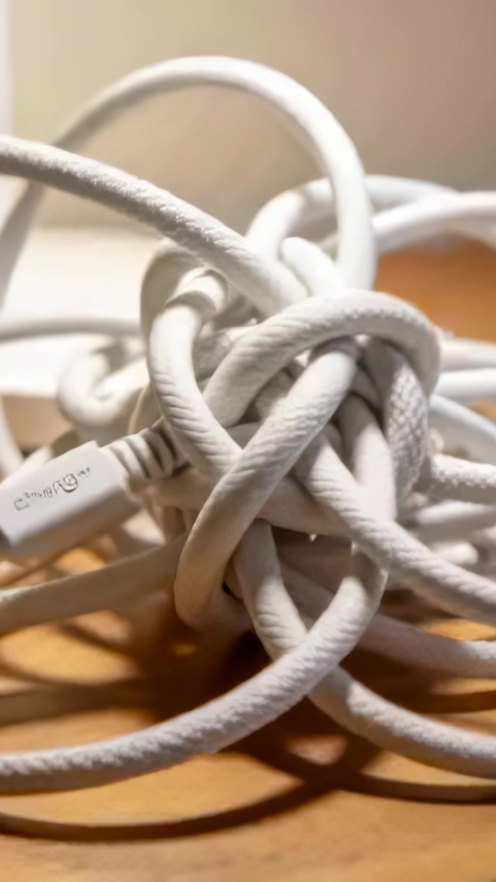 Vertical video: Panning slow camera showing woven charging cable with plug on wood table for detail