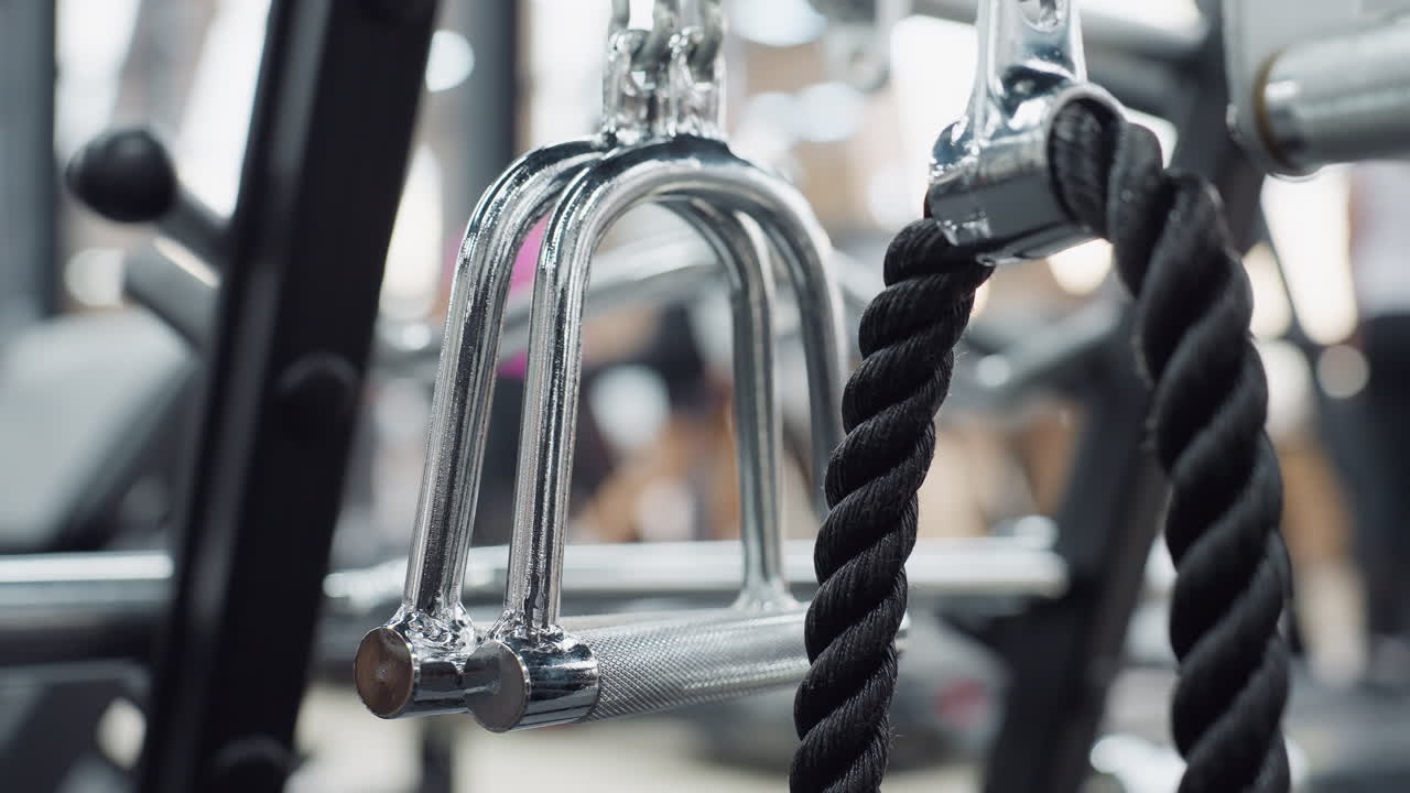 Close up of chrome triangle grip and black rope attachment hanging on cable machine, with textured handle and blurred gym-goer in background, highlighting accessory details for strength training