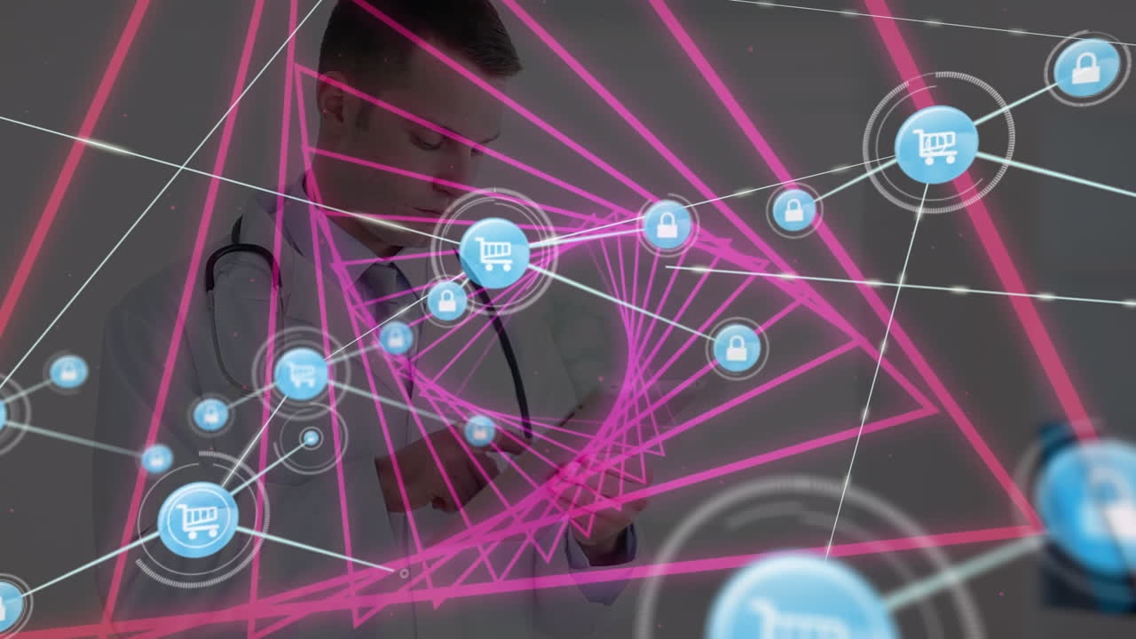 animación de la red de conexiones con iconos y túnel de neón sobre el médico caucásico masculino