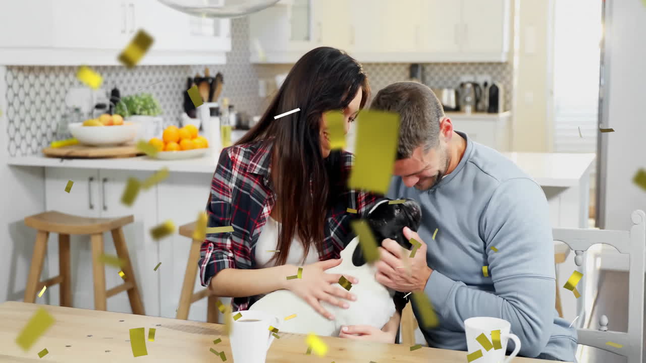 현대 부에서 개와 놀고 있는 커플의 콘페티 애니메이션