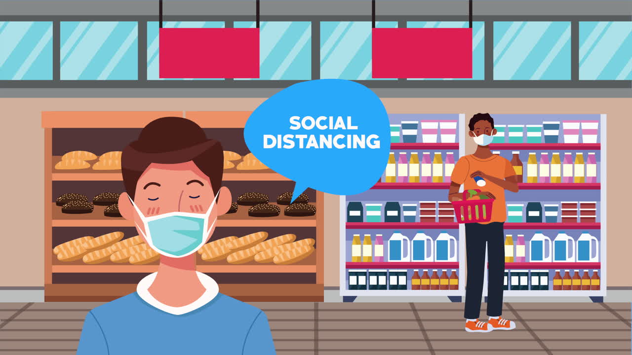 슈퍼마켓의 남성 고객들과의 사회적 거리 두기 캠페인