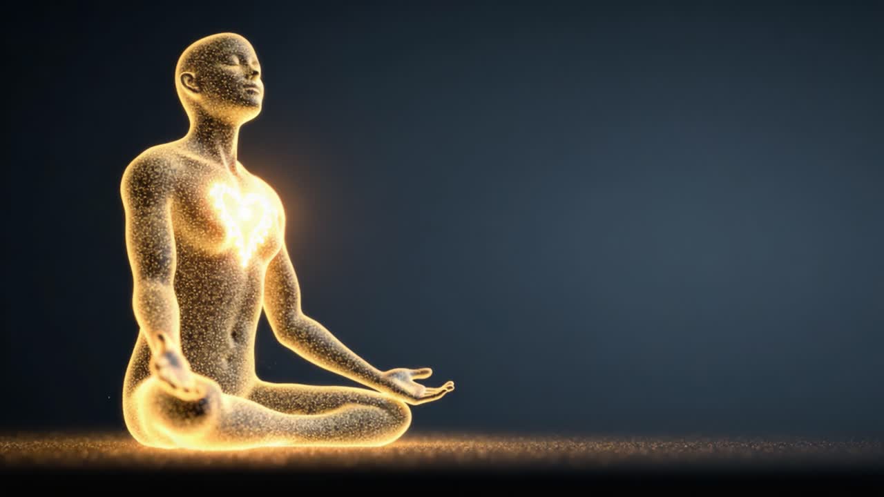 Una figura meditativa che irradia energia: Esplorando la danza di luce e spirito attraverso una rappresentazione simbolica di armonia interiore e illuminazione.