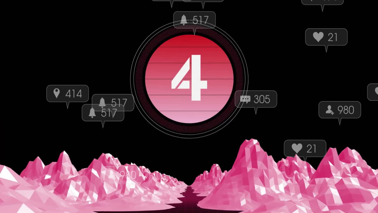 Central gauge glowing and notification bubbles floating over pink low-poly landscape in 3D render