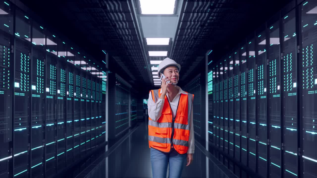 Front View of Asian Female Engineer Talking On Smartphone While Walking in Server Room Data Center