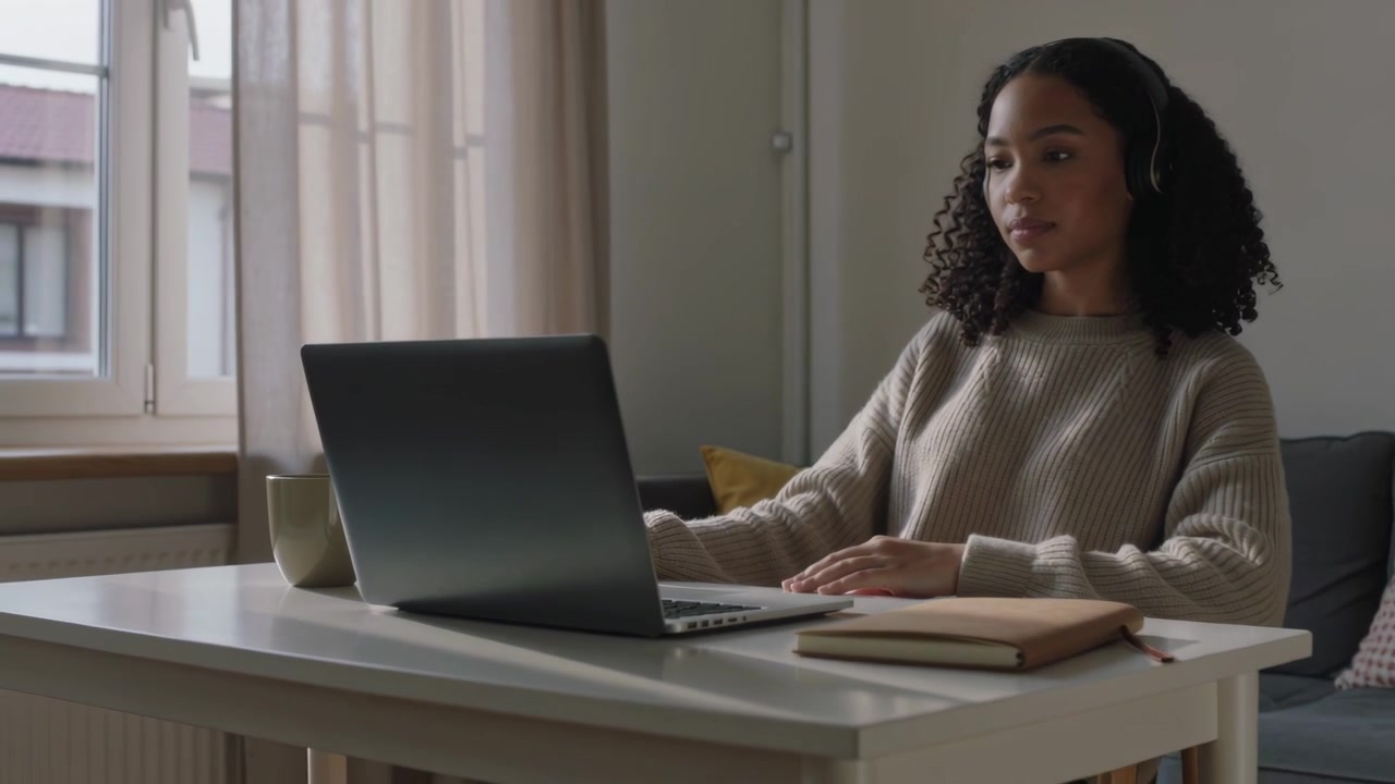 Camera widening, woman wearing knit sweater and headset typing on laptop by window for study