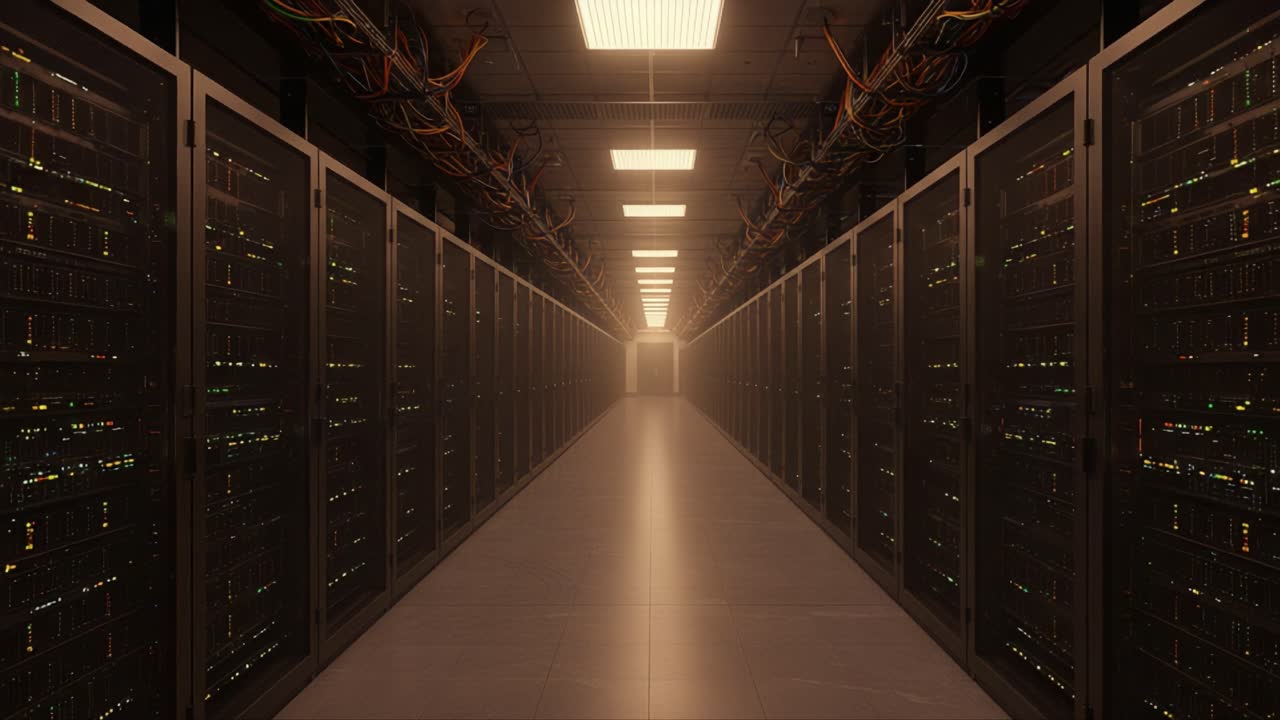 A Stunning Perspective of a Modern Data Center Corridor, Showcasing Rows of High-Performance Servers and Complex Network Infrastructure in a Dimly Lit Environment