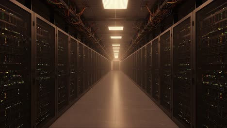 a stunning perspective of a modern data center corridor, showcasing rows of high-performance servers and complex network infrastructure in a dimly lit environment