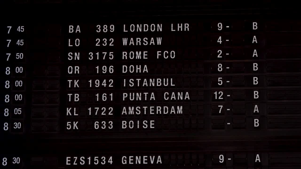 Display board in an airport with departure and arrival times, flight information for the passengers