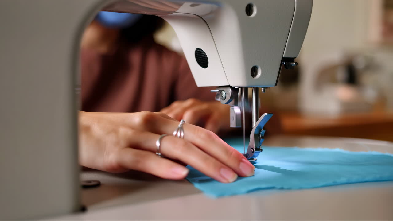 Close-up of Hands Sewing Blue Fabric on a Sewing Machine