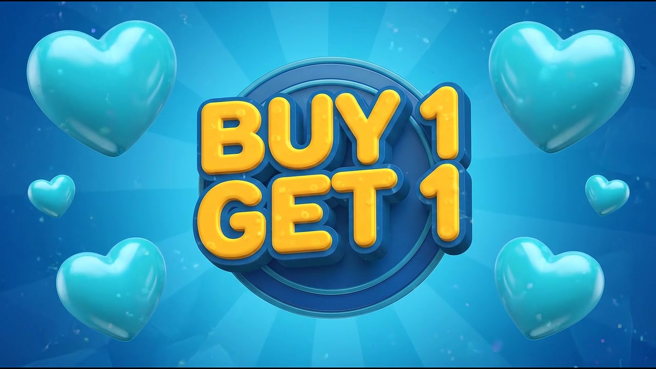 Animazione di offerta "2x1" con effetto testo promozionale.