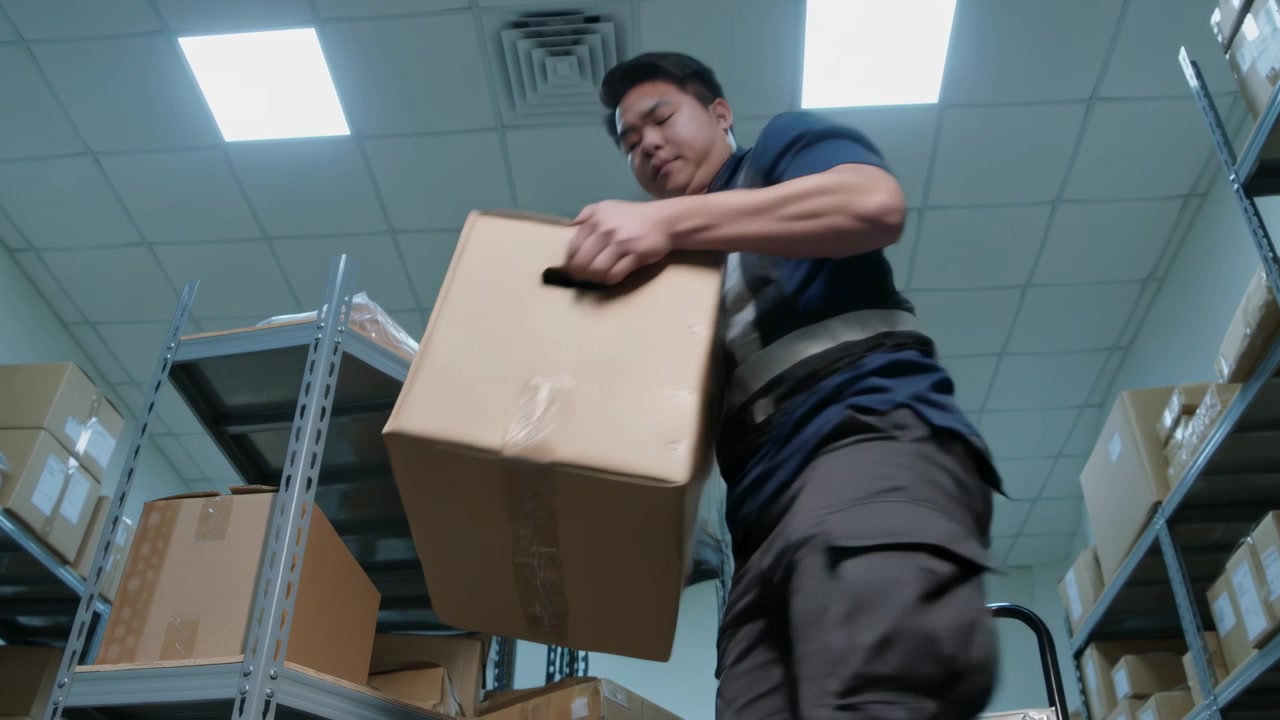 Retrieving warehouse worker in safety vest lifting box from shelf after pick request to load cart