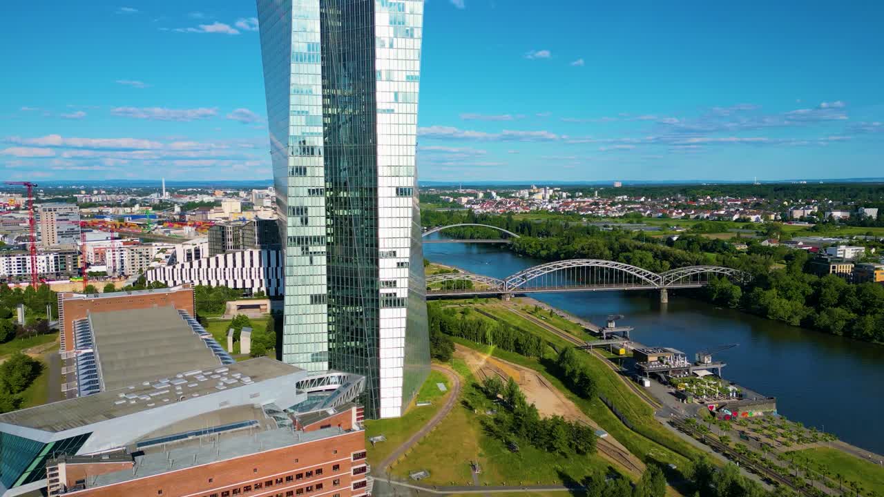 4K Aerial Drone Video of the Modern Campus of the European Central Bank Building on the Main River in Downtown Frankfurt, Germany