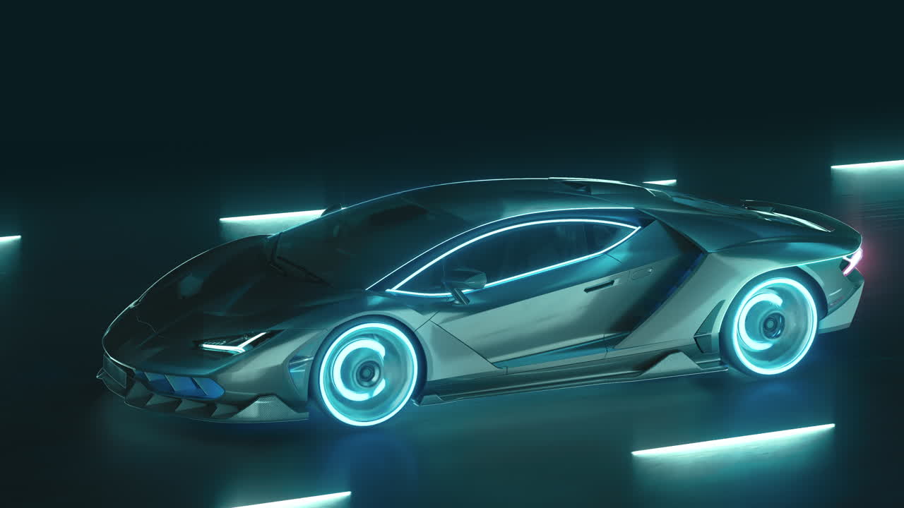 야간 도로에서 사이버 네온 스포츠 차가 서두르다