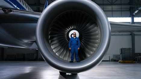 engineer standing inside a large jet engine