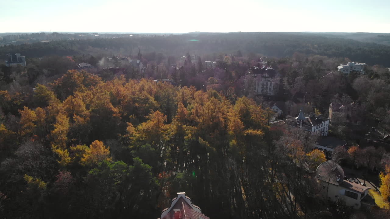Autumn aerial view of a city with forests and buildings