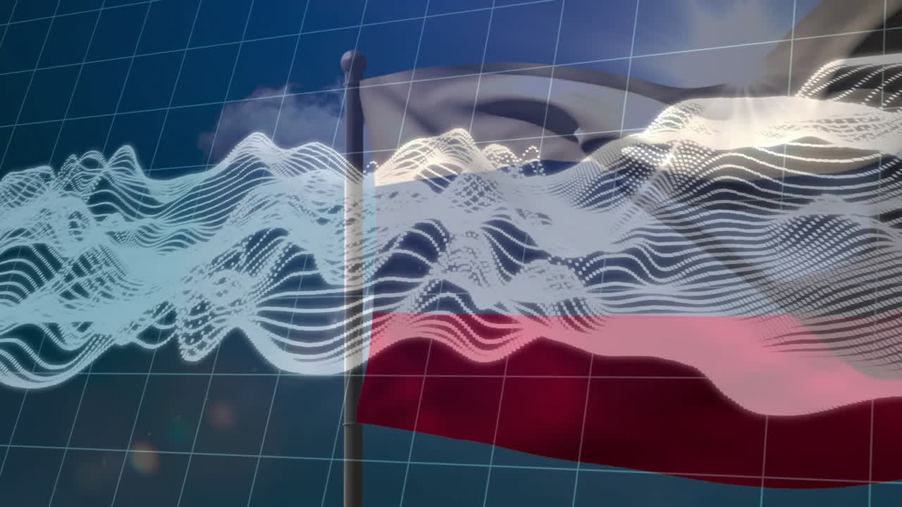 Waving flag with abstract wave patterns on grid background in animation