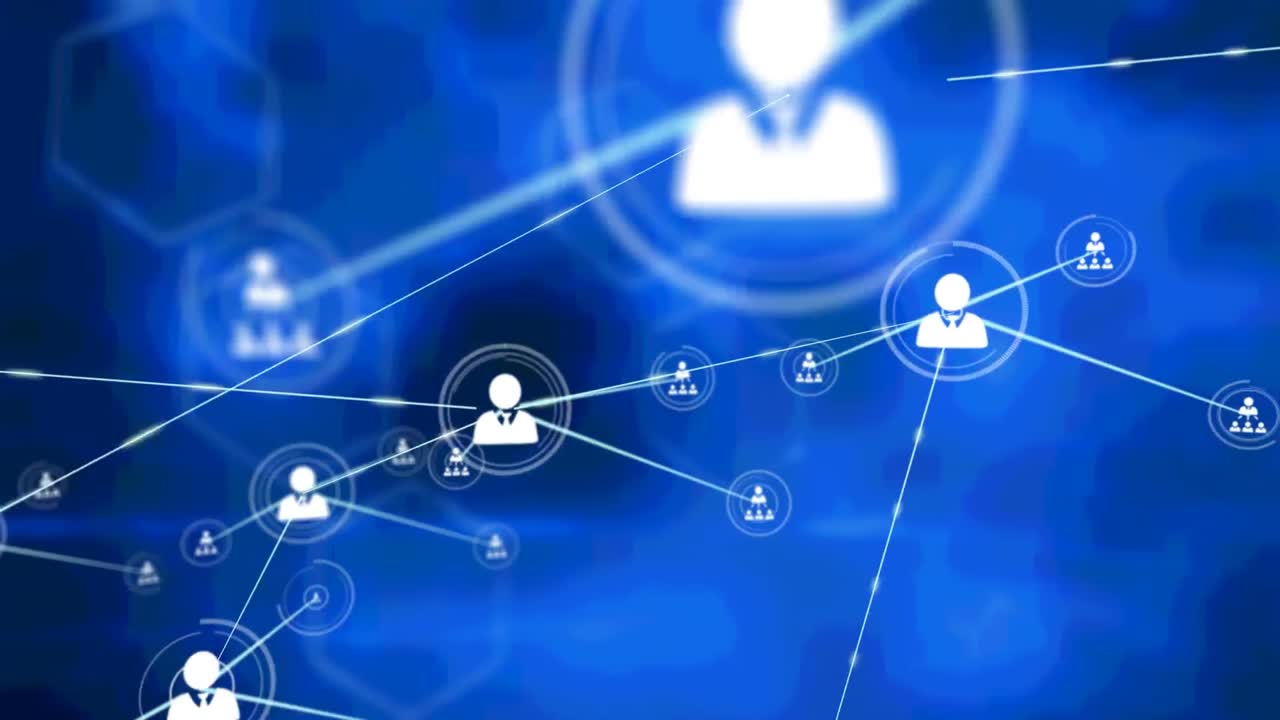 animación de redes de conexiones con iconos sobre formas azules sobre fondo negro