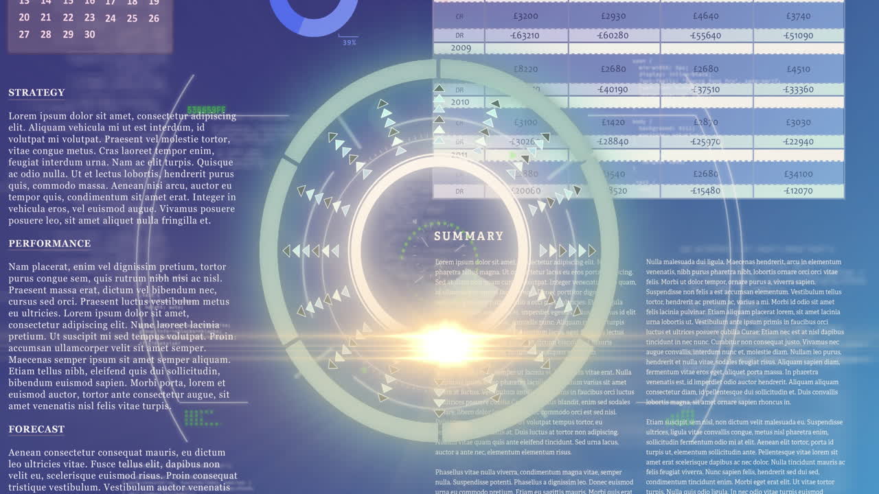 Animation of processing circle and moving light on scientific graph and data