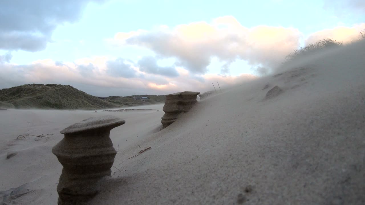 Sand dunes with dune grass in the storm of the North Sea, hiking dunes, dike protection, Sondervig, Jutland, Denmark, 4k