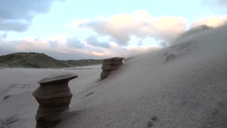 sand dunes with dune grass in the storm of the north sea, hiking dunes, dike protection, sondervig, jutland, denmark, 4k