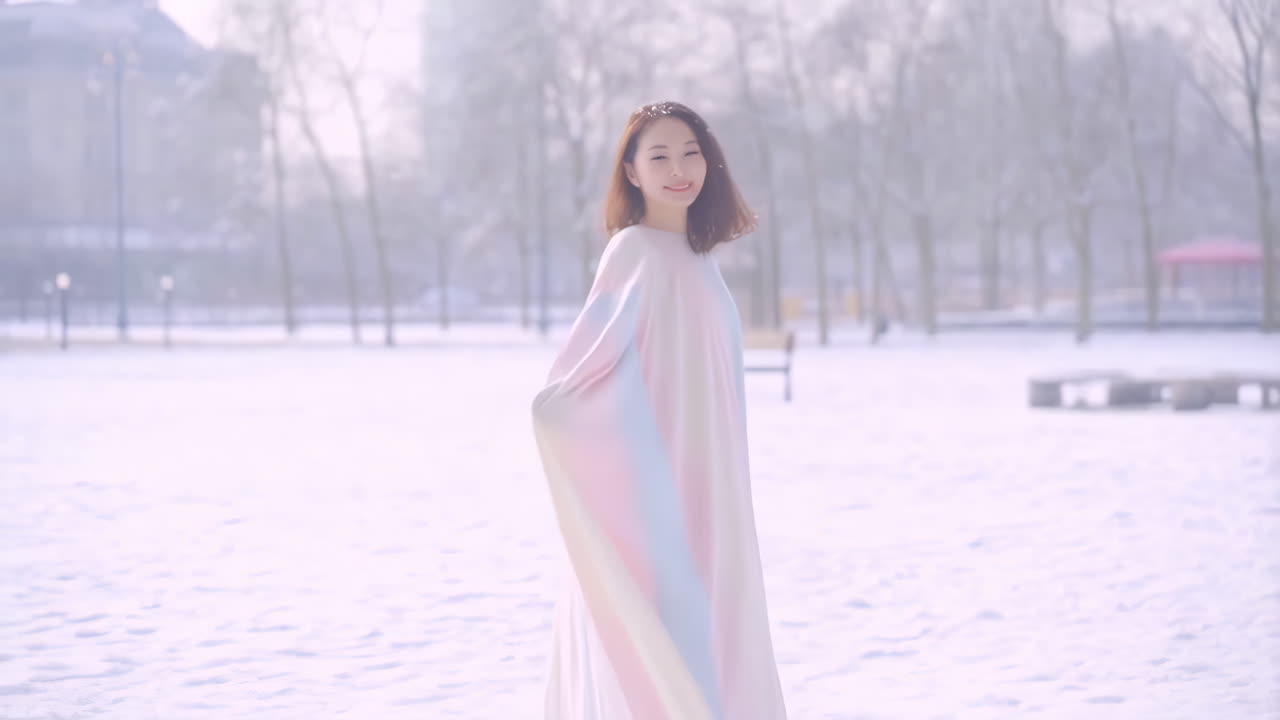 Woman in colorful dress in snowy park