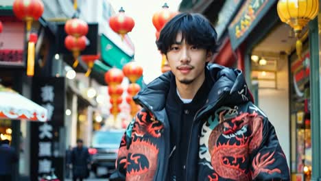 a man in a black jacket with a red dragon on it