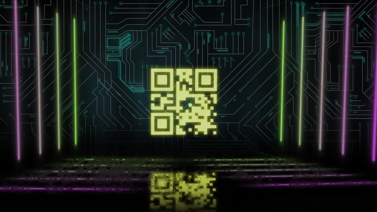 QR code scanner with neon elements against microprocessor connections