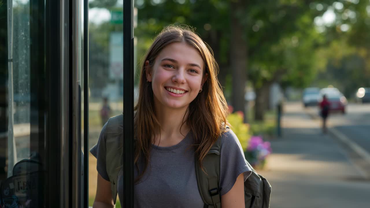 Adolescente sorridente con maglietta grigia e zaino sulla porta dell'autobus, che scende dopo l'apertura della porta