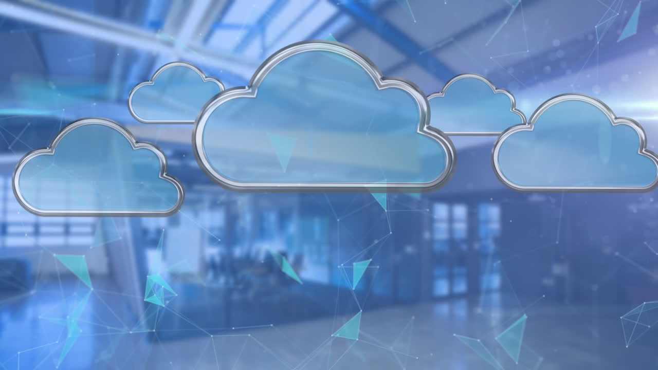 animación de iconos de nube digital sobre el interior de la oficina moderna