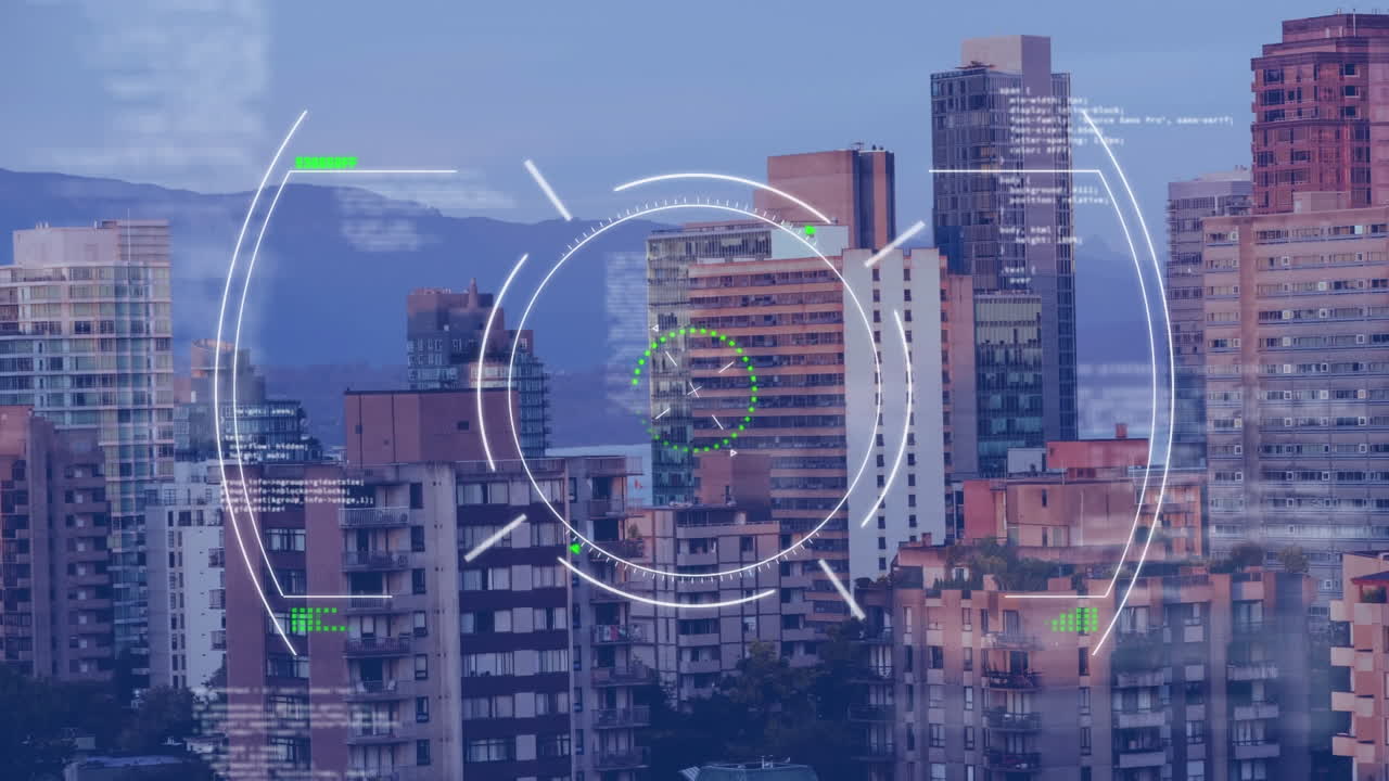 도시 풍경 위의 데이터 처리 및 범위 스캐닝의 애니메이션