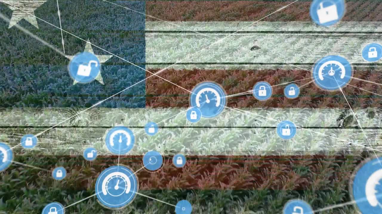 animación de la red de conexiones con iconos sobre la bandera de los estados unidos