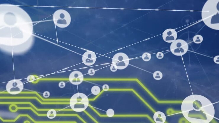 Animation of network of connections with digital icons and circuit board