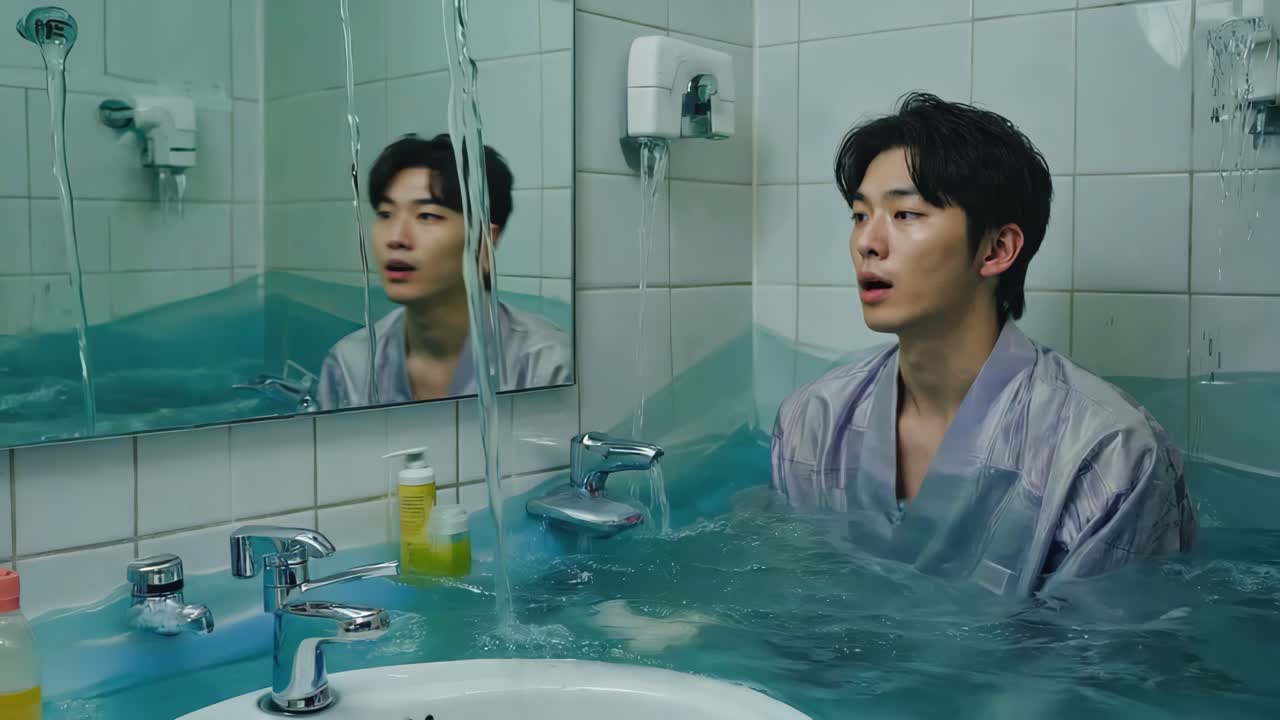 A man in a flooded bathroom