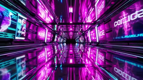 futuristic neon lit tunnel extending into infinity, with glowing screens displaying abstract visuals and information, creating a mesmerizing and futuristic atmosphere