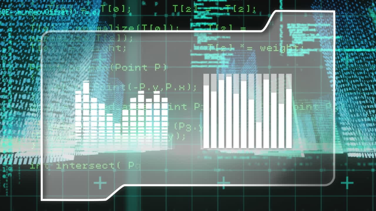Animation of music equaliser over folder against data processing and 3d city model
