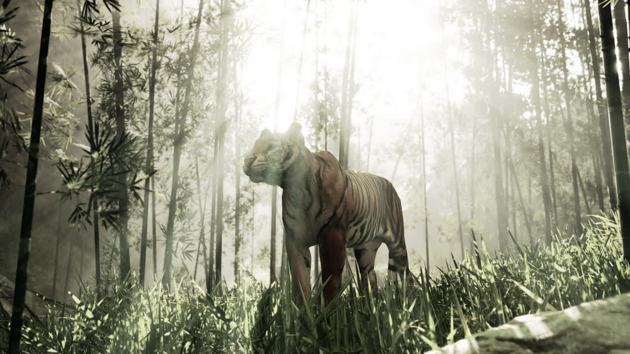 majestuoso tigre en un bosque de bambú de niebla