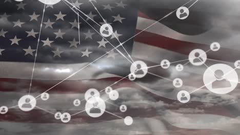 animation of network of connection and icons over usa flag and cloudy sky